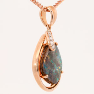 Rose Gold Red Green Orange Solid Australian Boulder Opal Necklace Pendant with Diamonds