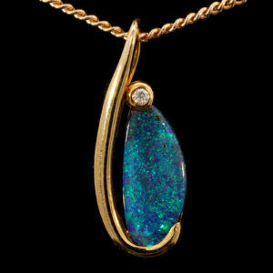 Yellow Gold Blue Green Solid Australian Boulder Opal and Diamond Necklace Pendant