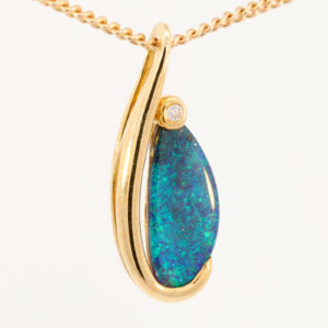Yellow Gold Blue Green Solid Australian Boulder Opal and Diamond Necklace Pendant