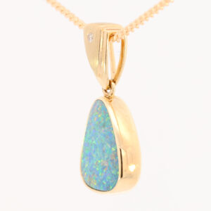 Yellow Gold Blue Green Yellow Orange Red Australian Doublet Opal Necklace Pendant with Diamond