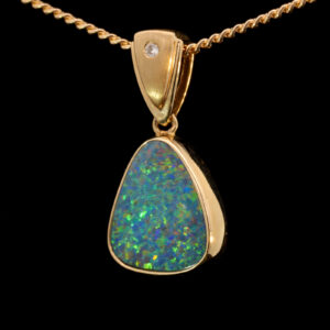 Yellow Gold Blue Green Yellow Orange Red Australian Doublet Opal Necklace Pendant with Diamond