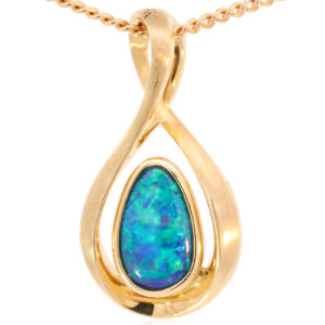 Yellow Gold Blue Green Doublet Opal Pendant.