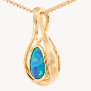 Yellow Gold Blue Green Doublet Opal Pendant.