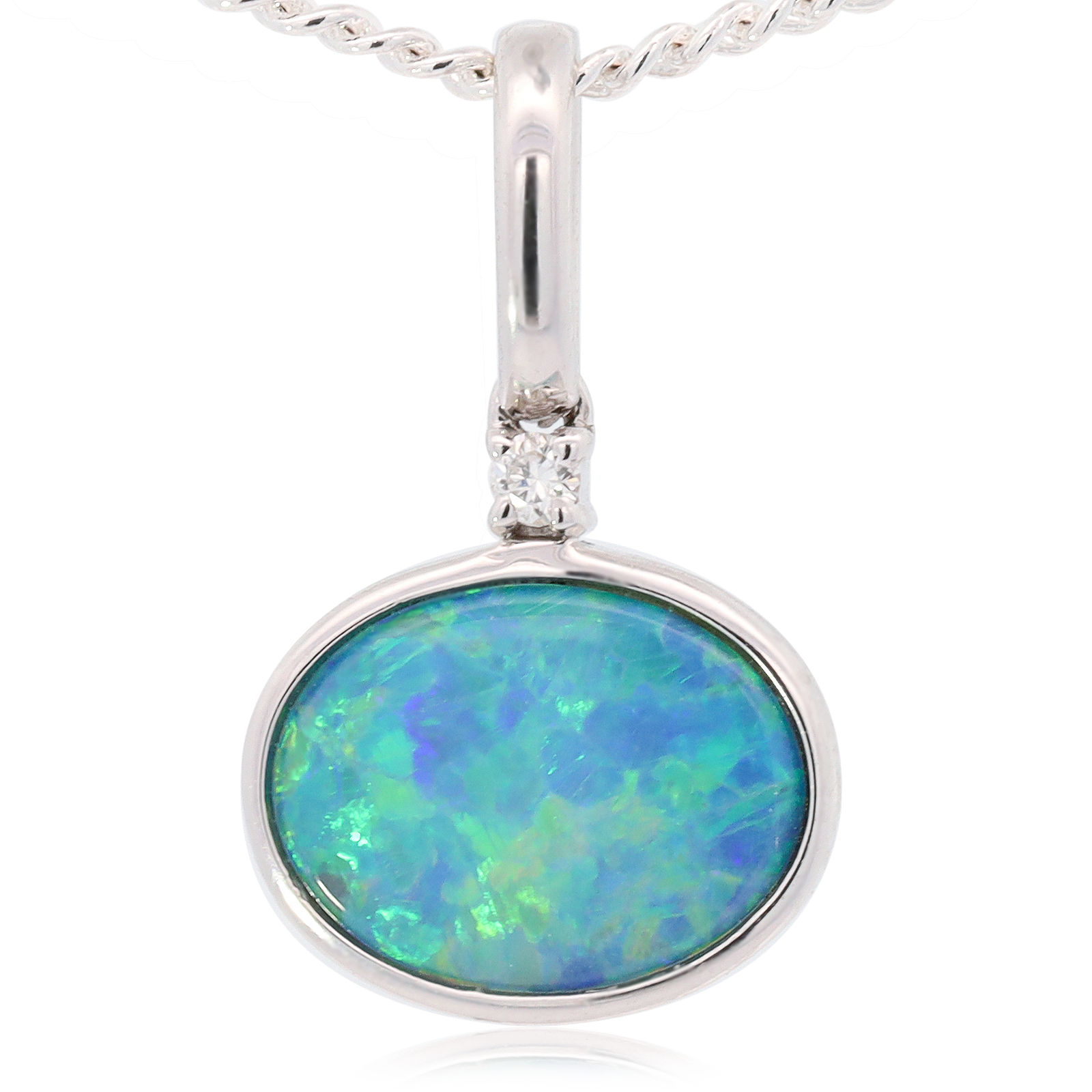 White Gold Blue Green Doublet Opal and Diamond Pendant