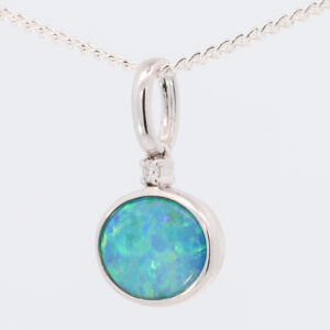 White Gold Blue Green Australian Doublet Opal and Diamond Necklace Pendant