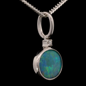 White Gold Blue Green Australian Doublet Opal and Diamond Necklace Pendant