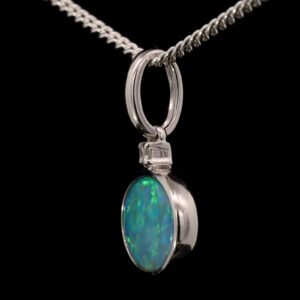 White Gold Blue Green Australian Doublet Opal and Diamond Necklace Pendant