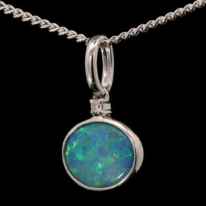 White Gold Blue Green Doublet Opal and Diamond Pendant