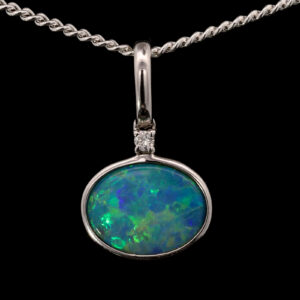 White Gold Blue Green Doublet Opal and Diamond Pendant