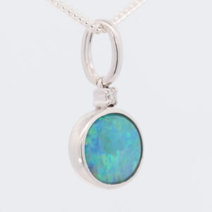 White Gold Blue Green Australian Doublet Opal and Diamond Necklace Pendant