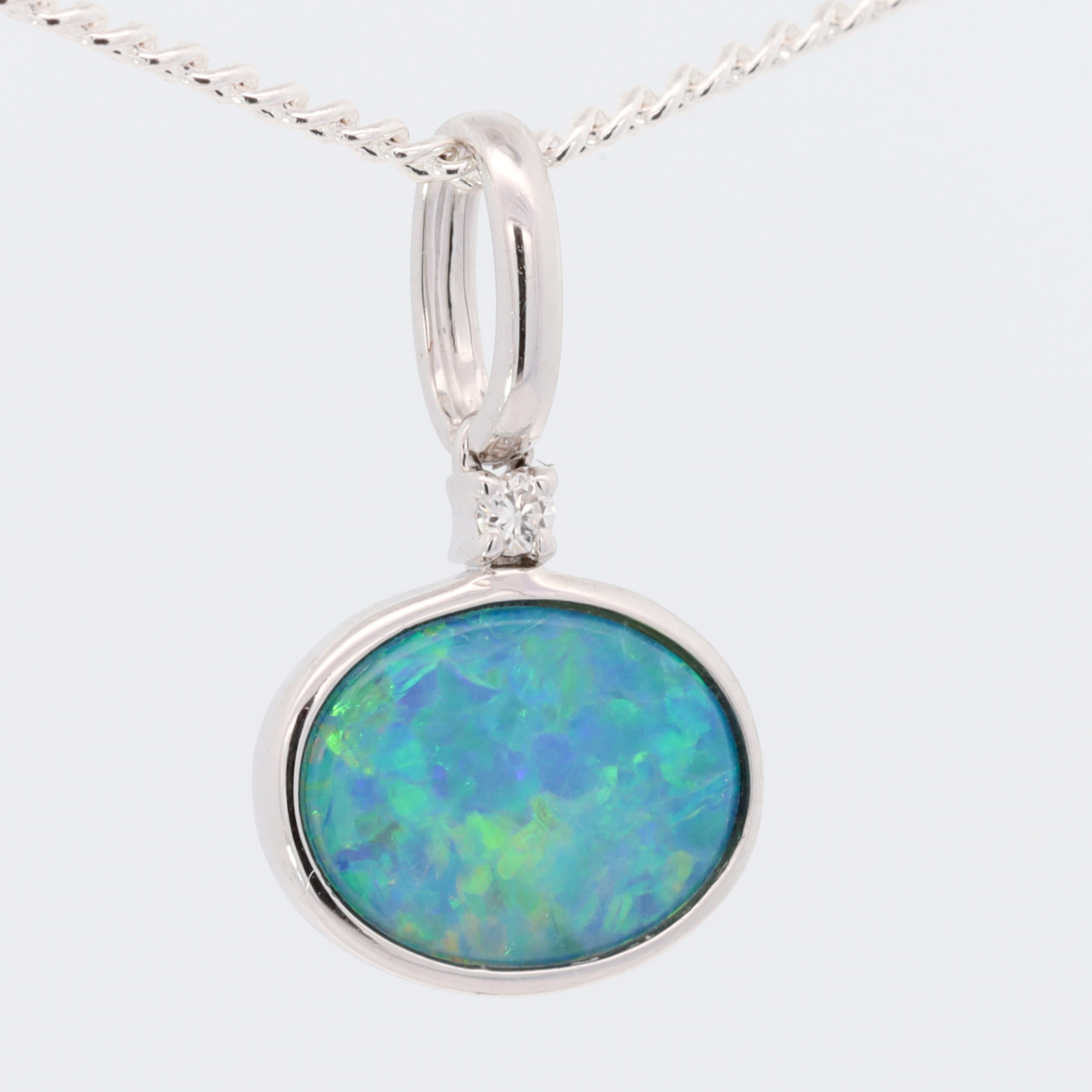 White Gold Blue Green Doublet Opal and Diamond Pendant
