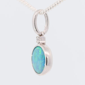 White Gold Blue Green Australian Doublet Opal and Diamond Necklace Pendant