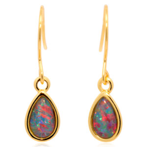 Gold Plated Sterling Silver Red Green Blue Australian Triplet Opal Drop Earrings