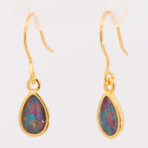 Gold Plated Sterling Silver Red Green Blue Australian Triplet Opal Drop Earrings