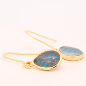 Gold Plated Sterling Silver Red Green Blue Australian Triplet Opal Drop Earrings