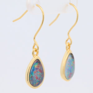 Gold Plated Sterling Silver Red Green Blue Australian Triplet Opal Drop Earrings