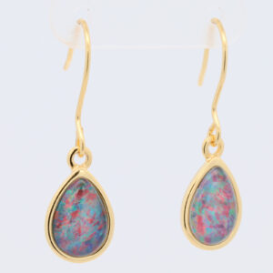 Gold Plated Sterling Silver Red Green Blue Australian Triplet Opal Drop Earrings