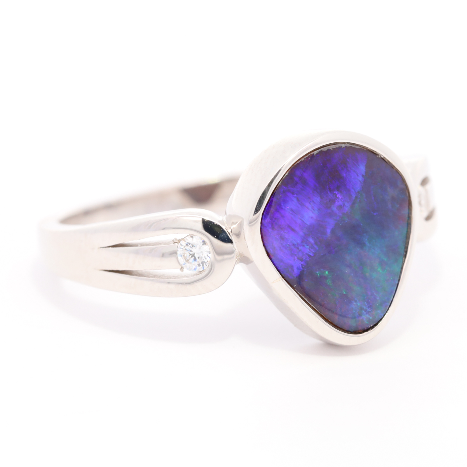 Sterling Silver Blue Green Purple Solid Australian Boulder Opal and Diamond Ring