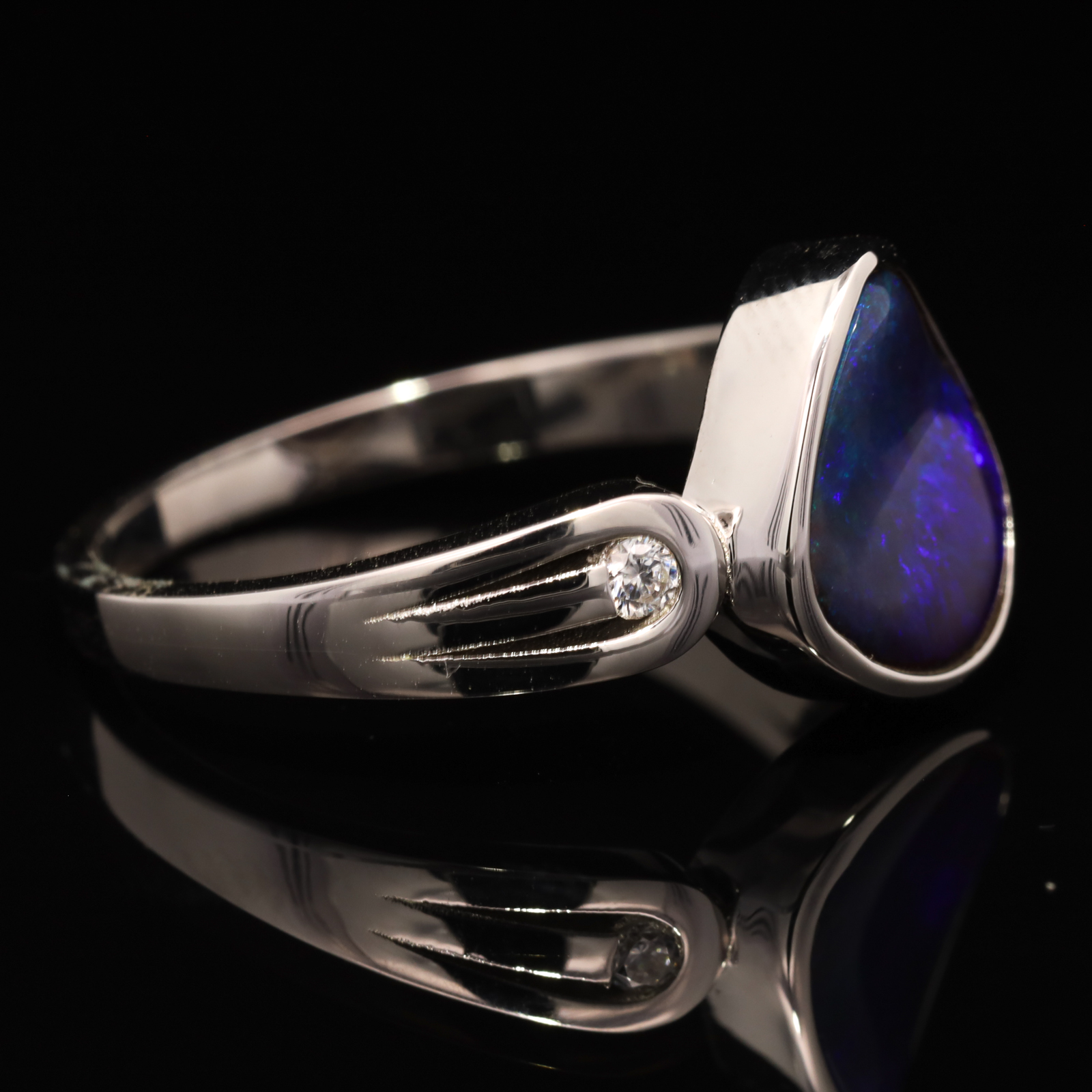 Sterling Silver Blue Green Purple Solid Australian Boulder Opal and Diamond Ring