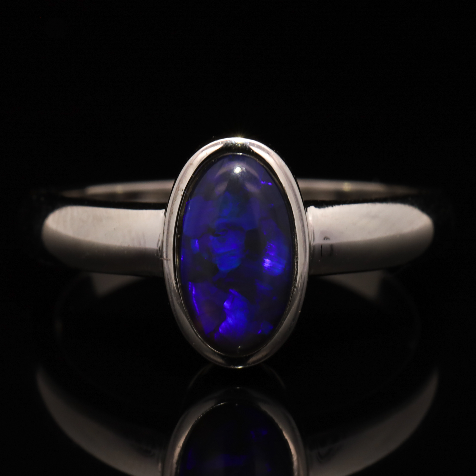 Sterling Silver Blue Purple Solid Australian Black Opal Ring