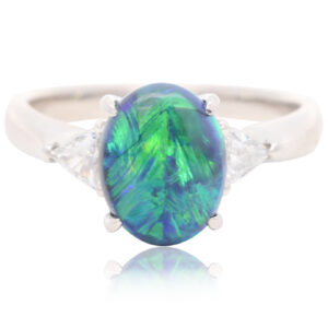 Platinum Blue Green Solid Australian Black Opal and Diamond Engagement Ring