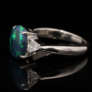 Platinum Blue Green Solid Australian Black Opal and Diamond Engagement Ring