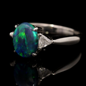 Platinum Blue Green Solid Australian Black Opal and Diamond Engagement Ring