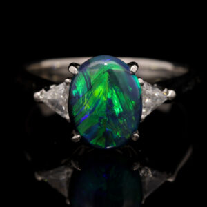 Platinum Blue Green Solid Australian Black Opal and Diamond Engagement Ring