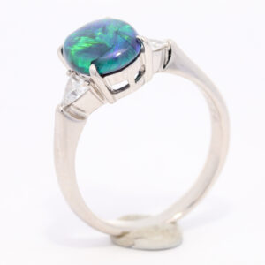 Platinum Blue Green Solid Australian Black Opal and Diamond Engagement Ring