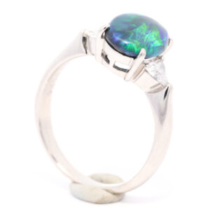 Platinum Blue Green Solid Australian Black Opal and Diamond Engagement Ring