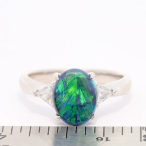 Platinum Blue Green Solid Australian Black Opal and Diamond Engagement Ring