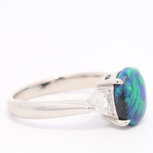 Platinum Blue Green Solid Australian Black Opal and Diamond Engagement Ring