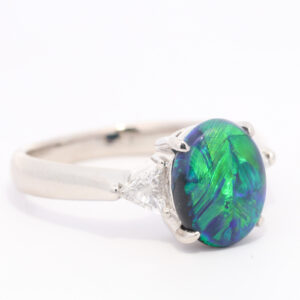 Platinum Blue Green Solid Australian Black Opal and Diamond Engagement Ring