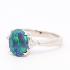 Platinum Blue Green Solid Australian Black Opal and Diamond Engagement Ring