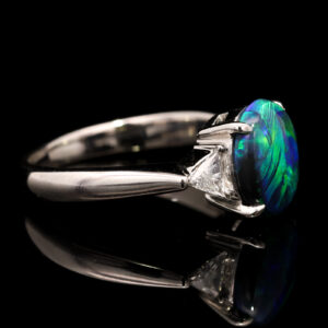 Platinum Blue Green Solid Australian Black Opal and Diamond Engagement Ring