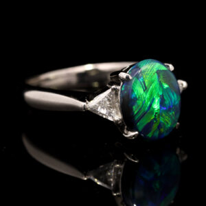 Platinum Blue Green Solid Australian Black Opal and Diamond Engagement Ring