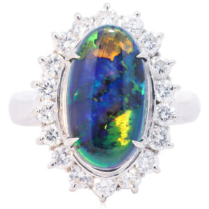 Platinum Blue Green Orange Solid Australian Black Opal and Diamond Engagement Ring