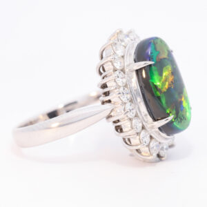 Platinum Blue Green Orange Solid Australian Black Opal and Diamond Engagement Ring