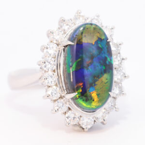 Platinum Blue Green Orange Solid Australian Black Opal and Diamond Engagement Ring