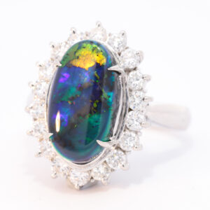 Platinum Blue Green Orange Solid Australian Black Opal and Diamond Engagement Ring