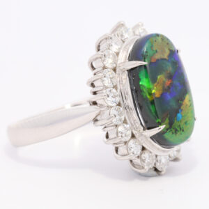 Platinum Blue Green Orange Solid Australian Black Opal and Diamond Engagement Ring