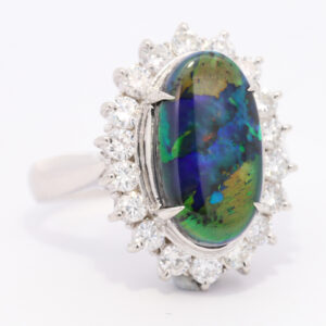 Platinum Blue Green Orange Solid Australian Black Opal and Diamond Engagement Ring