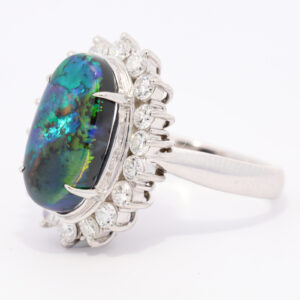 Platinum Blue Green Orange Solid Australian Black Opal and Diamond Engagement Ring