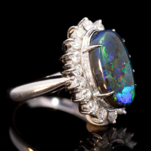 Platinum Blue Green Orange Solid Australian Black Opal and Diamond Engagement Ring