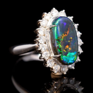 Platinum Blue Green Orange Solid Australian Black Opal and Diamond Engagement Ring