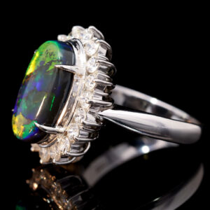 Platinum Blue Green Orange Solid Australian Black Opal and Diamond Engagement Ring