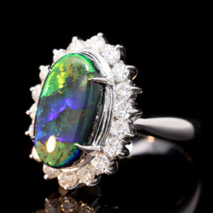 Platinum Blue Green Orange Solid Australian Black Opal and Diamond Engagement Ring