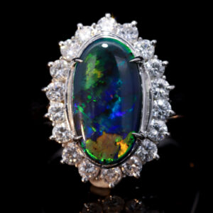 Platinum Blue Green Orange Solid Australian Black Opal and Diamond Engagement Ring