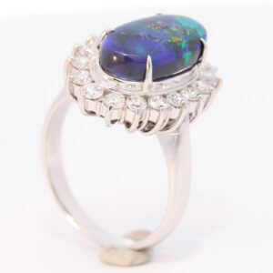 Platinum Blue Green Orange Solid Australian Black Opal and Diamond Engagement Ring