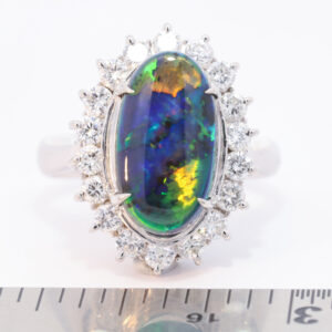 Platinum Blue Green Orange Solid Australian Black Opal and Diamond Engagement Ring